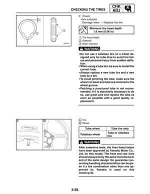 Page 1363-59
AB
CHECKING THE TIRES
CHK
ADJ
WARNING
WARNING
2. Check:
tire surfaces
Damage / wear  Replace the tire.
Minimum tire tread depth
1.6 mm (0.06 in)
1Tire tread depth
2Sidewall
3Wear indicator
Do not use a tubeless tire on a wheel de-
signed only for tube tires to avoid tire fail-
ure and personal injury from sudden defla-
tion.
When using a tube tire, be sure to install the
correct tube.
Always replace a new tube tire and a new
tube as a set.
To avoid pinching the tube, make sure the
wheel rim...