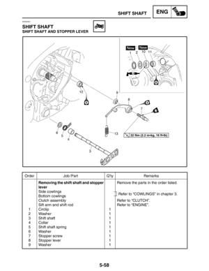 Page 2805-58
Order Job / Part Q’ty Remarks
1
2
3
4
5
6
7
8
9Removing the shift shaft and stopper
lever
Side cowlings
Bottom cowlings
Clutch assembly
Sift arm and shift rod
Circlip
Washer
Shift shaft
Collar
Shift shaft spring
Washer
Stopper screw
Stopper lever
Washer1
1
1
1
1
1
1
1
1Remove the parts in the order listed.
Refer to “CLUTCH”.
Refer to “ENGINE”.
Refer to “COWLINGS” in chapter 3.
22 Nm (2.2 mkg, 16 ftlb)
SHIFT SHAFTENG
EAS00327
SHIFT SHAFT
SHIFT SHAFT AND STOPPER LEVER 