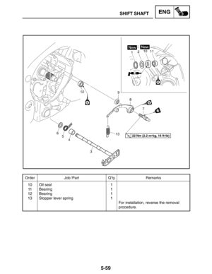 Page 2815-59
SHIFT SHAFTENG
Order Job / Part Q’ty Remarks
10
11
12
13Oil seal
Bearing
Bearing
Stopper lever spring1
1
1
1
For installation, reverse the removal 
procedure.
22 Nm (2.2 mkg, 16 ftlb) 