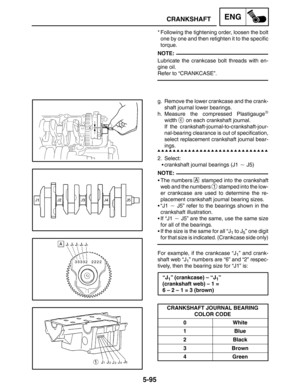 Page 3175-95
CRANKSHAFTENG
NOTE:
NOTE:
* Following the tightening order, loosen the bolt
one by one and then retighten it to the specific
torque.
Lubricate the crankcase bolt threads with en-
gine oil.
Refer to “CRANKCASE”.
g. Remove the lower crankcase and the crank-
shaft journal lower bearings.
h. Measure the compressed Plastigauge

width c on each crankshaft journal.
If the crankshaft-journal-to-crankshaft-jour-
nal-bearing clearance is out of specification,
select replacement crankshaft journal bear-...