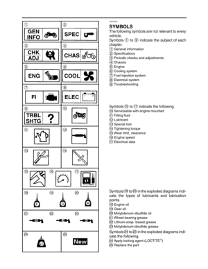 Page 522
1
3
5
7
9
2
4
8
6
2425
2321
192018
161715
1413
1112
10
GEN
INFOSPEC
ENG
FI ELECCOOL CHK
ADJ
TRBL
SHTG
CHAS
EAS00008
SYMBOLS
The following symbols are not relevant to every
vehicle.
Symbols 
1 to 9 indicate the subject of each
chapter.
1General information
2Specifications
3Periodic checks and adjustments
4Chassis
5Engine
6Cooling system
7Fuel injection system
8Electrical system
9Troubleshooting
Symbols 10 to 17 indicate the following.
10Serviceable with engine mounted
11Filling fluid
12Lubricant...