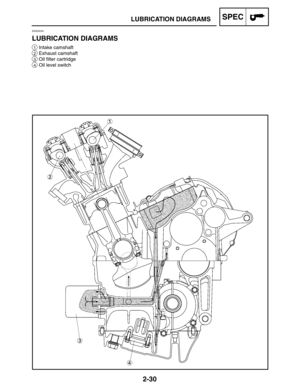 Page 582-30
LUBRICATION DIAGRAMSSPEC
1Intake camshaft
2Exhaust camshaft
3Oil filter cartridge
4Oil level switch
EAS00034
LUBRICATION DIAGRAMS 