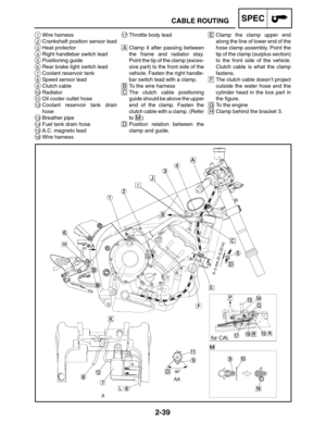 Page 672-39
E Clamp the clamp upper end
along the line of lower end of the
hose clamp assembly. Point the
tip of the clamp (surplus section)
to the front side of the vehicle.
Clutch cable is what the clamp
fastens.
F The clutch cable doesn’t project
outside the water hose and the
cylinder head in the box part in
the figure.
G To the engine
H Clamp behind the bracket 3.17Throttle body lead
A Clamp it after passing between
the frame and radiator stay.
Point the tip of the clamp (exces-
sive part) to the front...