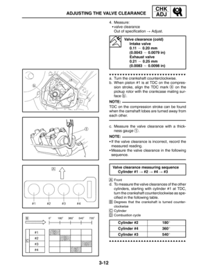 Page 893-12
ADJUSTING THE VALVE CLEARANCE
CHK
ADJ
NOTE:
NOTE:
4. Measure:
valve clearance
Out of specification  Adjust.
Valve clearance (cold)
Intake valve
0.11  0.20 mm 
(0.0043  0.0079 in)
Exhaust valve
0.21  0.25 mm 
(0.0083  0.0098 in)
a. Turn the crankshaft counterclockwise.
b. When piston #1 is at TDC on the compres-
sion stroke, align the TDC mark 
a on the
pickup rotor with the crankcase mating sur-
face 
b.
TDC on the compression stroke can be found
when the camshaft lobes are turned away from...