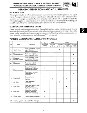 Page 12INTRODUCTION/MAINTENANCE INTERVALS CHART/ 
PERIODIC MAINTENANCE/LUBRICATION  INTERVALS 
PERIODIC INSPECTIONS AND ADJUSTMENTS 
INTRODUCTION 
This chapter includes  all information necessary to perform recommended  inspections and adjust­
ments.  These preventive  maintenance  procedures, 
if followed, will ensure more reliable machine 
operation  and a 
longer service life. The  need for costly  overhaul work will be greatly reduced.  This 
information applies to machines already in service as well as new...