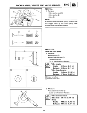 Page 27ROCKER ARMS, VALVES AND VALVE SPRINGS ENG 
@ 
3-6 
REMOVAL 
1. Remove: 
•Valve spring seat 