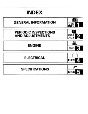 Page 5INDEX 
GENERAL INFORMATION 
PERIODIC INSPECTIONS 
AND ADJUSTMENTS 
ENGINE 
ELECTRICAL 
SPECIFICATIONS 
111 
GEN 
INFO 
•II II nil 
-
ENG 
ELEC  