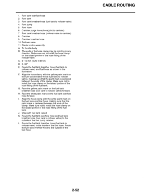 Page 113
haha CABLE ROUTING
2-52
1. Fuel tank overflow hose
2. Fuel tank
3. Fuel tank breather hose (fuel tank to rollover valve)
4. Fuel pump
5. Fuel hose
6. Canister purge hose (hose joint to canister)
7. Fuel tank breather hose (rollover valve to canister)
8. Canister
9. Canister breather hose
10. Rollover valve
11. Starter motor assembly
A. To throttle body
B. The ends of the hose clamp may be pointing in any  direction. Make sure not to install the hose clamp 
on the raised portion of the hose fitting of...