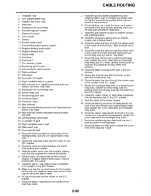 Page 121
haha CABLE ROUTING
2-60
1. Headlight relay
2. Turn signal/hazard relay
3. Radiator fan motor relay
4. Main fuse
5. Starting circuit cut-off relay
6. Rectifier/regulator coupler
7. Stator coil coupler
8. Joint coupler
9. Battery
10. Positive battery lead
11. Crankshaft position sensor coupler
12. Negative battery lead coupler
13. Negative battery lead
14. Starter relay
15. Fuse box 1
16. Fuse box 2
17. Grip warmer coupler
18. Accessory light coupler
19. Left handlebar switch coupler
20. Stator coil lead...