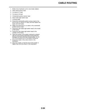 Page 125
haha CABLE ROUTING
2-64
1. Brake hose (hydraulic unit to rear brake caliper)
2. Rear wheel sensor lead
3. O 2 sensor #1 lead
4.

O 2 sensor #2 lead
5

. Crankshaft position sensor lead
6. Rear brake light switch lead
7. Footrest plate
A. Route the crankshaft position sensor lead to the  front of the O 2 sensor #1 lead, and then fasten the 
lead

s with the holder.
B. Make sure that there is no slack in the crankshaft  position sensor lead.
C. Route the rear brake light switch lead to the inside  of the...