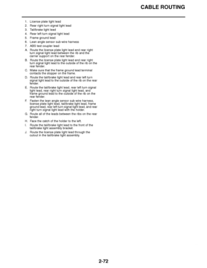 Page 133
haha CABLE ROUTING
2-72
1. License plate light lead
2. Rear right turn signal light lead
3. Tail/brake light lead
4. Rear left turn signal light lead
5. Frame ground lead
6. Lean angle sensor sub-wire harness
7. ABS test coupler lead
A. Route the license plate light lead and rear right  turn signal light lead between the rib and the 
carrier support on the rear fender.
B. Route the license plate light lead and rear right  turn signal light lead to the outside of the rib on the 
rear fender.
C. Make sure...