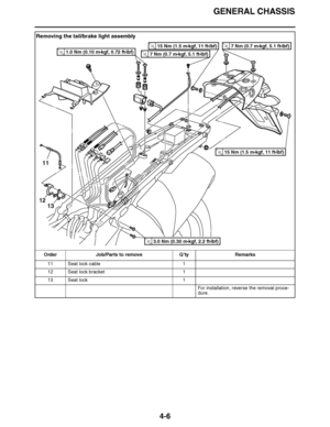 Page 179
haha GENERAL CHASSIS
4-6
Removing the tail/brake light assembly Order Job/Parts to remove Q ’ty Remarks
11 Seat lock cable 1
12 Seat lock bracket 1
13 Seat lock 1
For installation, reverse the removal proce-
dure.
11
12
13
7 Nm (0.7 m 
kgf, 5.1 ft 
Ibf)T.R.
7 Nm (0.7 m 
kgf, 5.1 ft 
Ibf)T.R.
15 Nm (1.5 m 
kgf, 11 ft 
Ibf)T.R.
15 Nm (1.5 m 
kgf, 11 ft 
Ibf)T.R.
1.0 Nm (0.10 m 
kgf, 0.72 ft 
Ibf)T.R.
3.0 Nm (0.30 m 
kgf, 2.2 ft 
Ibf)T.R.  