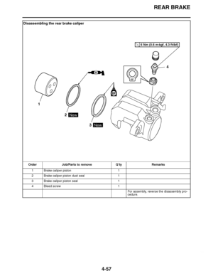 Page 230
haha REAR BRAKE
4-57
Disassembling the rear brake caliper Order Job/Parts to remove Q ’ty Remarks
1 Brake caliper piston 1
2 Brake caliper piston dust seal 1
3 Brake caliper piston seal 1
4 Bleed screw 1
For assembly, reverse the disassembly pro-
cedure.
6 Nm (0.6 m 
kgf, 4.3 ft 
Ibf)T.R.
New
New
BF
S
1
2
3
4  