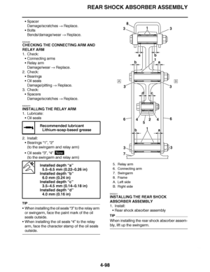 Page 271
haha REAR SHOCK ABSORBER ASSEMBLY4-98
Spacer
Damage/scratches   Replace.
 Bolts
Bends/damage/wear   Replace.
EAS23261
CHECKING THE CONNECTING ARM AND 
RELAY ARM
1. Check: Connecting arms
 Relay arm
Damage/wear   Replace.
2. Check: Bearings
 Oil seals
Damage/pitting   Replace.
3. Check: Spacers
Damage/scratches   Replace.
EAS23272
INSTALLING THE RELAY ARM
1. Lubricate: Oil seals
2. Install: Bearings “1” , “2”
(to the swingarm and relay arm)
 Oil seals  “3”, “4” 
(to the swingarm and relay arm)...