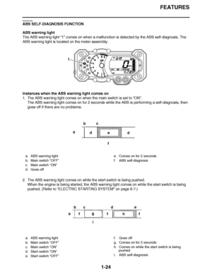 Page 33
haha FEATURES
1-24
EAS23P1064
ABS SELF-DIAGNOSIS FUNCTION
ABS warning light
The ABS warning light  “1” comes on when a malfunction is detected by the ABS self-diagnosis. The 
ABS warning light is located on the meter assembly.
Instances when the ABS warning light comes on
1. The ABS warning light comes on when the main switch is set to  “ON ”.
The ABS warning light comes on for 2 seconds while the ABS is performing a self-diagnosis, then 
goes off if there are no problems.
2. The ABS warning light comes...