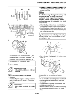 Page 391
haha CRANKSHAFT AND BALANCER
5-96
For example, if the lower crankcase J 1 and 
crankshaft web J 1 numbers are 4 and 1 re-
spectively, then the bearing size for J 1 is:
EAS23P1045
CHECKING THE CONNECTING RODS
1. Measure: Crankshaft-pin-to-big-end-bearing clearance
Out of specification   Replace the big end 
bearings.
▼▼▼▼ ▼ ▼▼▼ ▼▼▼▼▼ ▼ ▼ ▼▼▼▼ ▼ ▼▼▼▼ ▼ ▼▼▼▼ ▼▼▼
The following procedure applies to all of the 
connecting rods.
NOTICE
ECA13930
Do not interchange the big end bearings and 
connecting rods. To...