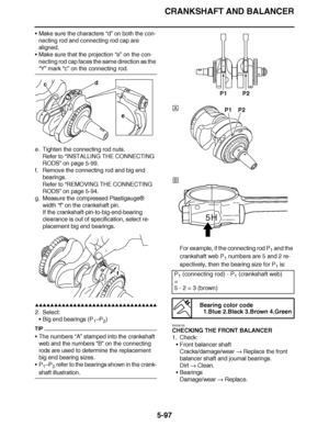 Page 392
haha CRANKSHAFT AND BALANCER
5-97
 Make sure the characters  “d” on both the con-
necting rod and connecting rod cap are 
aligned.
 Make sure that the projection “e”  on the con-
necting rod cap faces the same direction as the 
“Y”  mark  “c” on the connecting rod.
e. Tighten the connecting rod nuts. Refer to  “INSTALLING THE CONNECTING 
RODS ” on page 5-99.
f. Remove the connecting rod and big end  bearings.
Refer to  “REMOVING THE CONNECTING 
RODS ” on page 5-94.
g. Measure the compressed...