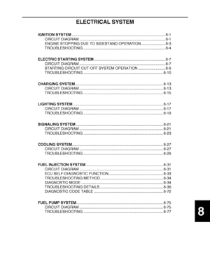 Page 447
haha 8
ELECTRICAL SYSTEM
IGNITION SYSTEM ......................................................................................... 8-1
CIRCUIT DIAGRAM .................................................................................. 8-1
ENGINE STOPPING DUE TO SIDESTAND OPERATION ....................... 8-3
TROUBLESHOOTING .............................................................................. 8-4
ELECTRIC STARTING SYSTEM .................................................................... 8-7...