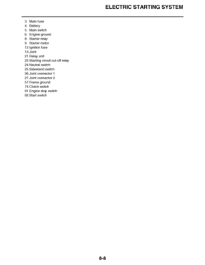 Page 457
haha ELECTRIC STARTING SYSTEM
8-8
3. Main fuse
4. Battery
5. Main switch
6. Engine ground
8. Starter relay
9. Starter motor
12.Ignition fuse
13.Joint
21.Relay unit
22.Starting circuit cut-off relay
24.Neutral switch
25.Sidestand switch
26.Joint connector 1
27.Joint connector 2
57.Frame ground
74.Clutch switch
91.Engine stop switch
92.Start switch  