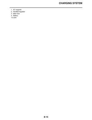 Page 463
haha CHARGING SYSTEM
8-14
1. AC magneto
2. Rectifier/regulator
3. Main fuse
4. Battery
13.Joint  