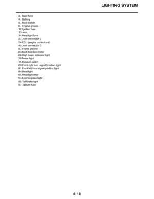 Page 467
haha LIGHTING SYSTEM
8-18
3. Main fuse
4. Battery
5. Main switch
6. Engine ground
12.Ignition fuse
13.Joint
14.Headlight fuse
27.Joint connector 2
36.ECU (engine control unit)
45.Joint connector 3
57.Frame ground
63.Multi-function meter
66.High beam indicator light
70.Meter light
75.Dimmer switch
80.Front right turn signal/position light
81.Front left turn signal/position light
84.Headlight
85.Headlight relay
94.License plate light
95.Tail/brake light
97.Taillight fuse  