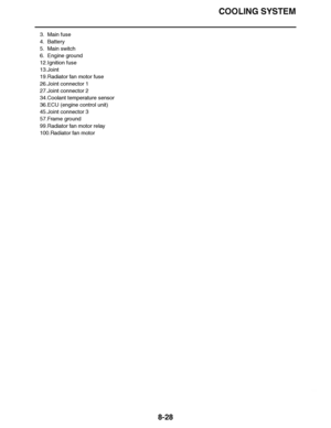 Page 477
haha COOLING SYSTEM
8-28
3. Main fuse
4. Battery
5. Main switch
6. Engine ground
12.Ignition fuse
13.Joint
19.Radiator fan motor fuse
26.Joint connector 1
27.Joint connector 2
34.Coolant temperature sensor
36.ECU (engine control unit)
45.Joint connector 3
57.Frame ground
99.Radiator fan motor relay
100.Radiator fan motor  