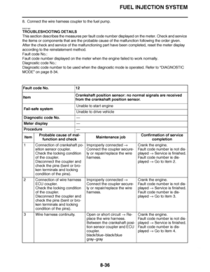 Page 485
haha FUEL INJECTION SYSTEM
8-36
8. Connect the wire harness coupler to the fuel pump.
EAS27462
TROUBLESHOOTING DETAILS
This section describes the measures per fault code number displayed on the meter. Check and service 
the items or components that are the probable cause of the malfunction following the order given.
After the check and service of the malfunctioning part have been complet\
ed, reset the meter display 
according to the reinstatement method.
Fault code No.:
Fault code number displayed on...