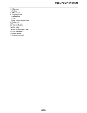 Page 525
haha FUEL PUMP SYSTEM
8-76
3. Main fuse
4. Battery
5. Main switch
6. Engine ground
12.Ignition fuse
13.Joint
17.Fuel injection system fuse
21.Relay unit
23.Fuel pump relay
27.Joint connector 2
28.Fuel pump
36.ECU (engine control unit)
45.Joint connector 3
57.Frame ground
91.Engine stop switch  