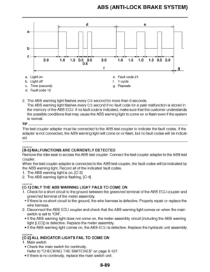 Page 538
haha ABS (ANTI-LOCK BRAKE SYSTEM)8-89
2. The ABS warning light flashes every 0.5 second for more than 6 seconds. The ABS warning light flashes every 0.5 second if no fault code for a past malfunction is stored in 
the memory of the ABS ECU. If no fault code is indicated, make sure that the customer understands 
the possible conditions that may cause the ABS warning light to come on \
or flash even if the system 
is normal.
TIP
The test coupler adapter must be connected to the ABS test coupler to...