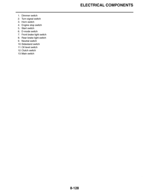 Page 577
haha ELECTRICAL COMPONENTS
8-128
1. Dimmer switch
2. Turn signal switch
3. Horn switch
4. Engine stop switch
5. Start switch
6. D-mode switch
7. Front brake light switch
8. Rear brake light switch
9. Neutral switch
10. Sidestand switch
11. Oil level switch
12. Clutch switch
13. Main switch  