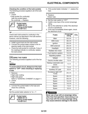 Page 580
haha ELECTRICAL COMPONENTS
8-131
Checking the condition of the bulb sockets
The following procedure applies to all of the bulb 
sockets.
1. Check: Bulb socket (for continuity)
(with the pocket tester)
No continuity   Replace.
TIP
Check each bulb socket for continuity in the 
same manner as described in the bulb section; 
however, note the following.
▼▼▼▼ ▼ ▼▼▼ ▼▼▼▼▼ ▼ ▼ ▼▼▼▼ ▼ ▼▼▼▼ ▼ ▼▼▼ ▼▼▼▼
a. Install a good bulb into the bulb socket.
b. Connect the pocket tester probes to the re-
spective leads of...