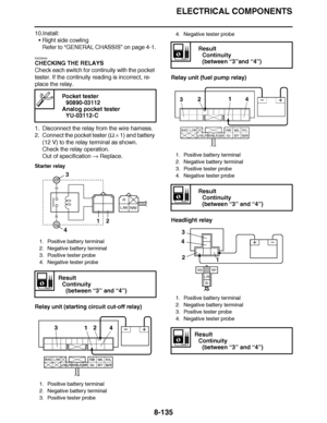 Page 584
haha ELECTRICAL COMPONENTS
8-135
10.Install: Right side cowling
Refer to  “GENERAL CHASSIS ” on page 4-1.
EAS28040
CHECKING THE RELAYS
Check each switch for continuity with the pocket 
tester. If the continuity reading is incorrect, re-
place the relay.
1. Disconnect the relay from the wire harness.
2. Connect the pocket tester (  ×  1) and battery 
(12 V) to the relay terminal as shown.
Check the relay operation.
Out of specification   Replace.
Starter relay
Relay unit (starting circuit cut-off relay)...