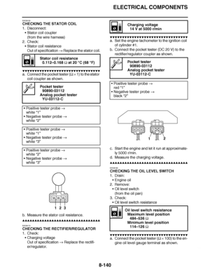 Page 589
haha ELECTRICAL COMPONENTS
8-140
EAS28150
CHECKING THE STATOR COIL
1. Disconnect: Stator coil coupler
(from the wire harness)
2. Check:
Stator coil resistance
Out of specification   Replace the stator coil.
▼▼▼▼ ▼ ▼▼▼ ▼▼▼▼▼ ▼ ▼ ▼▼▼▼ ▼ ▼▼▼▼ ▼ ▼▼▼ ▼▼▼▼
a. Connect the pocket tester (  ×  1) to the stator 
coil coupler as shown.
b. Measure the stator coil resistance.
▲▲▲▲ ▲ ▲▲▲ ▲▲▲▲▲ ▲ ▲ ▲▲▲▲ ▲ ▲▲▲▲ ▲ ▲▲▲ ▲▲▲▲
EAS28170
CHECKING THE RECTIFIER/REGULATOR
1. Check: Charging voltage
Out of specification...