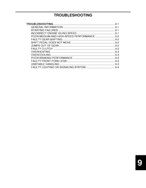 Page 597
haha 9
TROUBLESHOOTING
TROUBLESHOOTING ..................................................................................... 9-1
GENERAL INFORMATION ....................................................................... 9-1
STARTING FAILURES .............................................................................. 9-1
INCORRECT ENGINE IDLING SPEED .................................................... 9-1
POOR MEDIUM-AND-HIGH-SPEED PERFORMANCE ........................... 9-2
FAULTY GEAR SHIFTING...