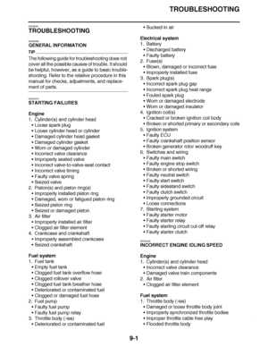 Page 598
haha TROUBLESHOOTING
9-1
EAS28451
TROUBLESHOOTING
EAS28460
GENERAL INFORMATION
TIP
The following guide for troubleshooting does not 
cover all the possible causes of trouble. It should 
be helpful, however, as a guide to basic trouble-
shooting. Refer to the relative procedure in this 
manual for checks, adjustments, and replace-
ment of parts.
EAS30410
STARTING FAILURES
Engine
1. Cylinder(s) and cylinder head Loose spark plug
 Loose cylinder head or cylinder
 Damaged cylinder head gasket
 Damaged...