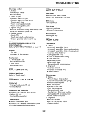 Page 599
haha TROUBLESHOOTING
9-2
Electrical system
1. Battery Discharged battery
 Faulty battery
2. Spark plug(s) Incorrect spark plug gap
 Incorrect spark plug heat range
 Fouled spark plug
 Worn or damaged electrode
 Worn or damaged insulator
3. Ignition coil(s) Broken or shorted primary or secondary coils
 Cracked or broken ignition coil
4. Ignition system Faulty ECU
 Faulty crankshaft position sensor
 Broken generator rotor woodruff key
EAS30460
POOR MEDIUM-AND-HIGH-SPEED 
PERFORMANCE
Refer to...