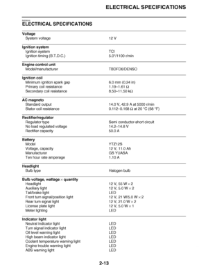 Page 74
haha ELECTRICAL SPECIFICATIONS
2-13
EAS20310
ELECTRICAL SPECIFICATIONS
Voltage System voltage 12 V
Ignition systemIgnition system TCI
Ignition timing (B.T.D.C.) 5.0 °/1100 r/min
Engine control unit
Model/manufacturer TBDFD6/DENSO
Ignition coilMinimum ignition spark gap 6.0 mm (0.24 in)
Primary coil resistance 1.19–1.61  
Secondary coil resistance 8.50–11.50 k 
AC magneto
Standard output 14.0 V, 42.9 A at 5000 r/min
Stator coil resistance 0.112– 0.168  at 20 °C (68 °F)
Rectifier/regulator
Regulator type...