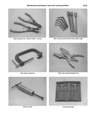 Page 14
Maintenance techniques, tools and working facilities

0-13

Snap-ring pliers (top - external; bottom - internal) 
Allen wrenches (left) and Allen head sockets (right)

Valve spring compressor 
Piston ring removal/installation tool

Piston pin puller

Telescoping gauges 
