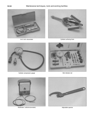 Page 15
0-14 
Maintenance techniques, tools and working facilities

0-to1-inch micrometer 
Cylinder surfacing hone

Cylinder compression gauge 
Dial indicator set

Multimeter (volt/ohm/ammeter)

Adjustable spanner 