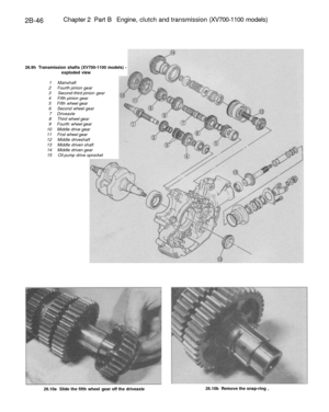 Page 161
2B-46 
Chapter 2 Part B Engine, clutch and transmission (XV700-1100 models)

26.9h Transmission shafts (XV700-1100 models) -

exploded view

1 Mainshaft

2 Fourth pinion gear

3 Second-third pinion gear

4 Fifth pinion gear

5 Fifth wheel gear

6 Second wheel gear

7 Driveaxle

8 Third wheel gear

9 Fourth wheel gear

10 Middle drive gear

11 First wheel gear

12 Middle driveshaft

13 Middle driven shaft

14 Middle driven gear

15 Oil pump drive sprocket

26.10a Slide the fifth wheel gear off the...