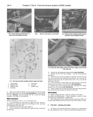 Page 169
3A-4 
Chapter 3 Part A Fuel and exhaust systems (XV535 models)

2.6a Lift the tank and disconnect the

hoses from the fittings (arrows) . . . 
2.6b ... theres a fuel hose on each side

2.10 Remove the mounting bolts (arrows)

and take off the footpeg bracket

2.11 Fuel tank and lines (models without upper fuel tank)

1 Vapor hoses

2 Breather hose

3 Rollover valve

4 Fuel filter 
5 Fuel pump

6 Fuel tank

7 Rubber cover 
2.13 Work the drain fitting (arrow) free of the rubber cover and lift

the cover...