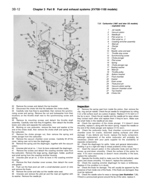 Page 197
3B-12 
Chapter 3 Part B Fuel and exhaust systems (XV700-1100 models)

7.31 Carburetor (1987 and later US models)

- exploded view

1 Jet needle

2 Vacuum piston

3 Needle jet

4 Pilot air jet no. 1

5 Pilot air jet no. 2

6 Coasting enricher assembly

7 Main jet

8 Pilot jet

9 Float

10 Needle valve and seat

11 Throttle stop screw

12 Synchronizing screw

13 Choke plunger

14 Pilot screw

15 Spring

16 Choke plunger cap

17 Sealing washer

18 Main jet

19 Throttle pulley

20 Bottom bracket

21 Float...