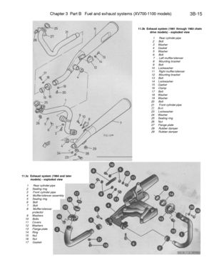 Page 200
Chapter 3 Part B Fuel and exhaust systems (XV700-1100 models)

3B-15

11.3b Exhaust system (1981 through 1983 chain

drive models) - exploded view

1 Rear cylinder pipe

2 Bolt

3 Washer

4 Gasket

5 Washer

6 Bolt

7 . Left muffler/silencer

8 Mounting bracket

9 Bolt

10 Lockwasher

11 Right muffler/silencer

12 Mounting bracket

13 Bolt

14 Lockwasher

15 Gasket

16 Clamp

17 Bolt

18 Washer

19 Washer

20 Bolt

21 Front cylinder pipe

22 Bolt

23 Lockwasher

24 Washer

25 Sealing ring

26 Nut

27...