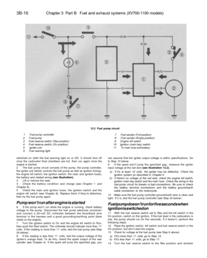 Page 201
3B-16 
Chapter 3 Part B Fuel and exhaust systems (XV700-1100 models)

12.2 Fuel pump circuit

1 Fuel pump controller

2 Fuel pump

3 Fuel reserve switch (Res position)

4 Fuel reserve switch (On position)

5 Igniter unit

6 Fuel warning light 
7 Fuel sender (Full position)

8 Fuel sender (Empty position)

9 Engine kill switch

10 Ignition (main key) switch

11 To main fuse and battery

switched on (with the fuel warning light on or off). It should shut off

once the carburetor float chambers are full,...