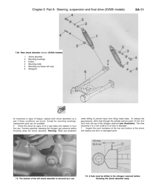 Page 224
Chapter 5 Part A Steering, suspension and final drive (XV535 models)

5A-11

7.3b Rear shock absorber details (XV535 models)

1 Shock absorber

2 Mounting bushings

3 Collars

4 Mounting bolts

5 Mounting nut flower left only)

6 Swingarm

for looseness or signs of fatigue; replace both shock absorbers as a

pair if these conditions are found. Except for mounting bushings,

replacement parts are not available.

6 Check the shock for signs of oil or gas leaks and replace it if you

find any. Yamaha...