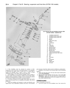 Page 233
5B-4 
Chapter 5 Part B Steering, suspension and final drive (XV700-1100 models)

2.2d Steering head and handlebar brackets (1984

and later models) - exploded view

1 Handlebar bracket bolt

2 Handlebar bracket (upper half)

3 Handlebar bracket (lower half)

4 Top nut

5 Washer

6 Upper triple clamp

7 Washer

8 Lockwasher

9 Nut

10 Safety clip

11 Lockwasher

12 Bearing locknut

13 Bearing washer

14 Bearing ring nut

15 Bearing cover

16 Upper and lower bearings

17 Steering stem/lower triple clamp...