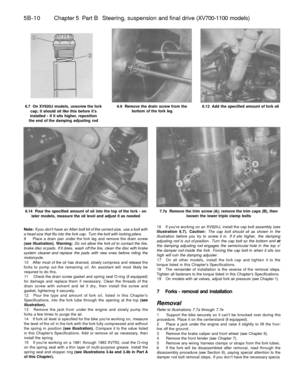 Page 239
5B-10 
Chapter 5 Part B Steering, suspension and final drive (XV700-1100 models)

6.7 On XV920J models, unscrew the fork

cap; it should sit like this before its

installed - if it sits higher, reposition

the end of the damping adjusting rod 
6.9 Remove the drain screw from the

bottom of the fork leg 
6.12 Add the specified amount of fork oil

6.14 Pour the specified amount of oil into the top of the fork - on

later models, measure the oil level and adjust it as needed 
7.7a Remove the trim screw...