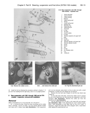 Page 244
Chapter 5 Part B Steering, suspension and final drive (XV700-1100 models) 5B-15

9.1b Rear suspension unit (1981 through

1983 models) - exploded view

1 Shock absorber

2 Upper bushing

3 Lower bushing

4 Sleeves

5 Upper spring seat

6 Spring

7 Lower spring seat

8 Seating ring

9 Retaining ring

10 Attachment pin

11 Pivot bolt

12 O-ring

13 Air hose

14 Control cables

15 O-rings

16 Remove adjuster unit upper half

17 Seal

18 O-ring

19 Allen bolt

20 Remote adjuster unit lower half

21 Remote...