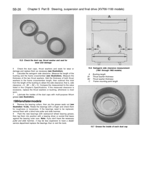 Page 255
5B-26 
Chapter 5 Part B Steering, suspension and final drive (XV700-1100 models)

15.5 Check the dust cap, thrust washer and seal for

wear and damage

15.6 Swingarm side clearance measurement

(1981 through 1983 models)

A Bushing length

B1 Thrust washer thickness

B2 Thrust washer thickness

C Frame mounting point length
5 Check the dust caps, thrust washers and seals for wear or

damage and replace them as necessary (see illustration).

6 Calculate the swingarm side clearance. Measure the length of...