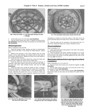 Page 264
Chapter 6 Part A Brakes, wheels and tires (XV535 models)

6A-9

6.8b Check the brake cam and pivot post (arrows) for wear

or damage 
6.12 The assembled brake panel should look like this

3 Lift the brake panel out of the wheel (see illustration).

4 Fold the shoes toward each other to release the spring tension

(see illustration). Remove the shoes and springs from the brake panel

(see illustration).

Shoe inspection

Refer to illustrations 6.8a and 6.8b

5 Check the linings for wear, damage and signs...